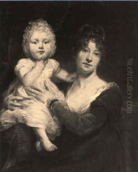 Portrait Of A Lady On A Settee With Her Daughter Perched On The Armrest - view 1