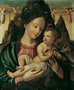 Madonna Mit Dem Einen Vogel Haltenden Kind. Im Hintergrund Engel Mit Den Passionswerkzeugen Und Berglandschaft. by Jean Bellegambe the Elder
