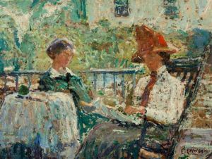 Artist's Wife And Daughter On A Porch by Ernest Lawson