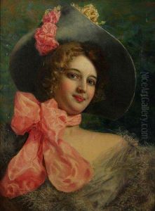 Portrait Of A Young Lady
With Pink Scarf And Flower Trimmed Hat by Gaetano Bellei
