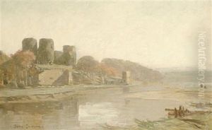 A River Landscape With A Castle In The Back Ground by John Lawson