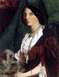 Portrait Of A Lady In A Red Velvet Dress With Lace Trim And White Collar, Holding A Dog, A Green Curtain Beyond by John Lawson