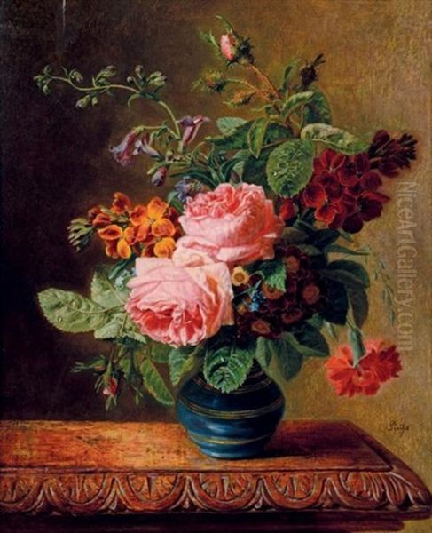 Bouquet De Fleurs Dans Un Vase Pose Sur Un Entablement - view 1
