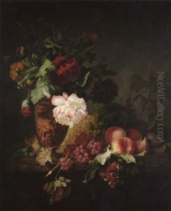 Stilleben Mit Ranunkeln, Pfingstrosen Und Obst Auf Einer Anrichte Stilleben Mit Ranunkeln, Pfingstrosen Und Obst Auf Einer Anrichte