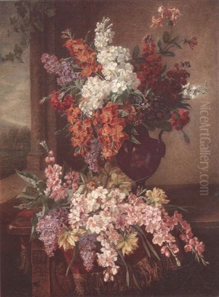 Stocks, Cherry Blossom, Carnations And Daffodils On A Draped Table - view 1