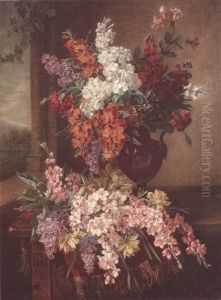 Stocks, Cherry Blossom, Carnations And Daffodils On A Draped Table by Jean-Pierre Lays