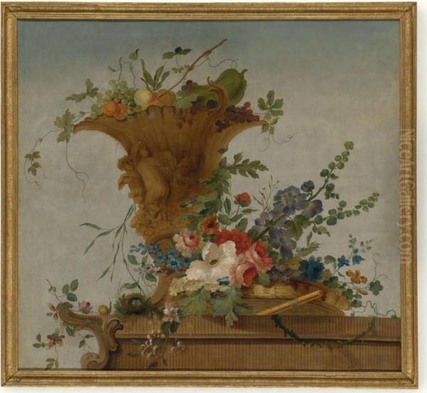 Fruits And Flowers In A Basket On A Ledge - view 1