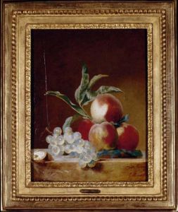 A Still Life With Peaches, Grapes And An Open Walnut On A Stone Ledge