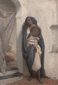 Interieur Algerien Avec Musicienne Au Tambourin Et Homme Fumant Derriere Un Rideau.