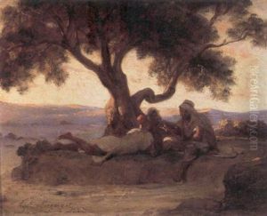 Tre Arabere I Samtale Under Et Trae Ved Solnedgang