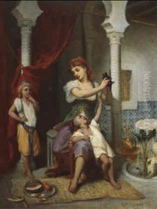 Famille Heureuse Et Le Chat by Jean Raymond Hippolyte Lazerges