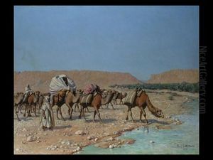 Kamelkarawane Bei Der Tranke An Einem Wadi-flusslauf In Der Wuste by Jean Baptiste Paul Lazerges