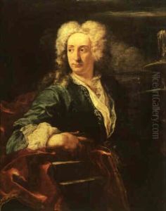 Portrait Of A Man In A Blue Coat With His Arm On A Draped Ledge