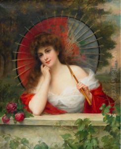Beauty With Parasol At A Garden Wall