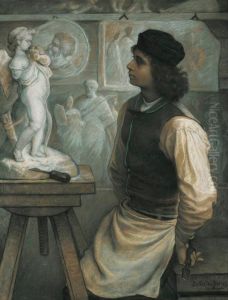 Le Jeune Sculpteur Dans Son Atelier. [, A Young Sculptor In His Studio; Pastel, Signed.] by Jean-Pierre J.Alfred Bellet Du Poisat