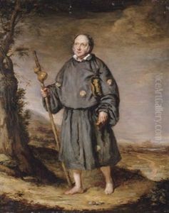 Portrait Of Gentleman As A Pilgrim, On A Track Before The Shrine Of St. James The Greater, In Pilgrim's Tunic, Holding A Staff With A Gourd And A Bible