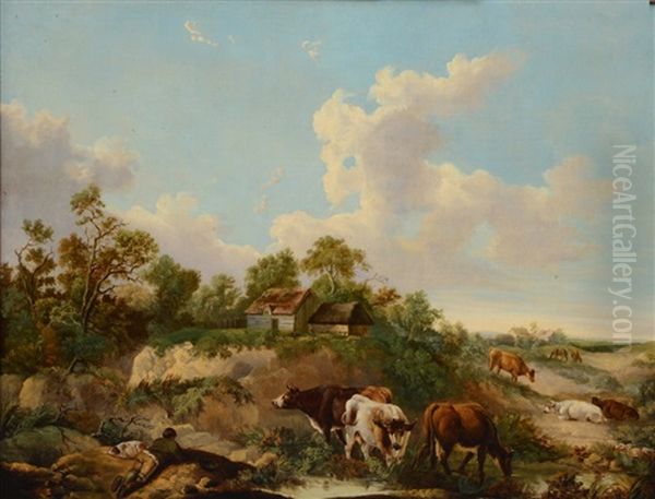 Pastoral Scene With Cattle By A River, A Boy Fishing By The Foreground - view 1