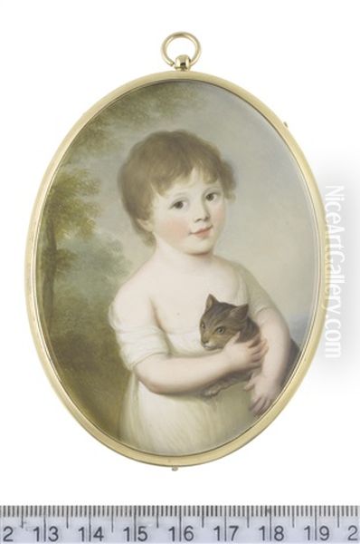 Mrs Jane Pennell (nee Hyde) (1799-1876) As A Young Girl, Standing Before A Landscape, Holding A Kitten In Her Arms And Wearing White Short Sleeved Dress Cut To Her Shoulders, Her Brown Hair Cut Short - view 1