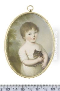 Mrs Jane Pennell (nee Hyde) (1799-1876) As A Young Girl, Standing Before A Landscape, Holding A Kitten In Her Arms And Wearing White Short Sleeved Dress Cut To Her Shoulders, Her Brown Hair Cut Short by James Leakey