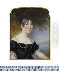 Susannah Smith (nee Mackworth-praed), Seated In A Landscape, Wearing Black Decollete Dress With White Lace Trim, A Strand Of Large Pearls Suspended... by James Leakey