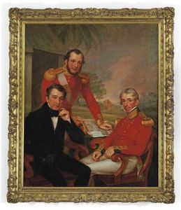 Triple Portrait Of Colonel Sir James Jackson, Major George Lee, And Major General Brice Wakeford Lee, At A Desk In A Landscape, With A Map And A Letter... by James Leakey