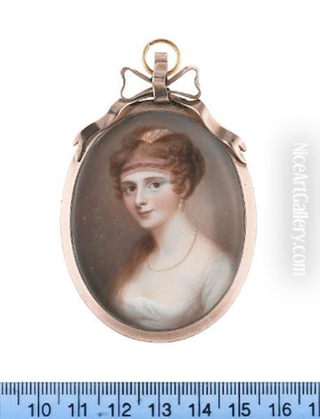 Mrs Charlotte Trevanion, Wearing White Dress, Pearl Necklace, Pearl Pendent Earrings, Her Hair Upswept And Parted, The Back Plaited, Tied In A Knot With A Section Left Long In Front Of Her Shoulder - view 1