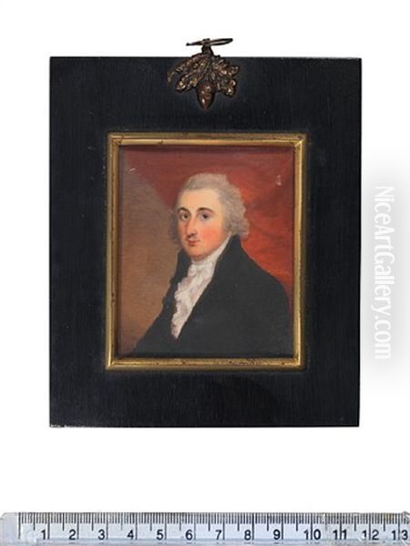 Samuel Tolfrey Seated On A Red Upholstered Chair Before A Red Curtain, Wearing Black Coat, White Frilled Chemise, Stock And Tie - view 1