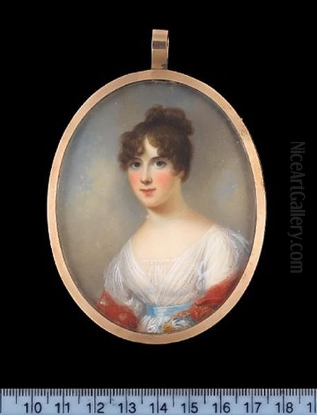 Sophia Anne, Lady Pole (nee Templer), Wearing White Dress With Blue Ribbon Sash Over Gathered Smock, A Red Mantle About Her Shoulders, Her Hair Upswept - view 1