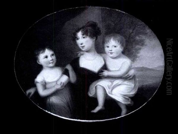 Mrs Pringle Wearing Black Dress With White Underslip And Pearl Necklace; With Her Daughters Mary And Charlotte Both Wearing White Dresses, Red Curtain And Landscape Background - view 1