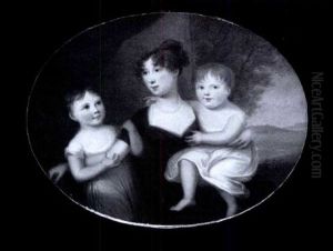 Mrs Pringle Wearing Black Dress With White Underslip And Pearl Necklace; With Her Daughters Mary And Charlotte Both Wearing White Dresses, Red Curtain And Landscape Background