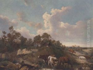A Drover With Cattle Before A Barn by James Leakey