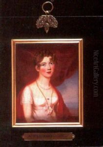 Portrait Of A Lady, Seated, In White Dress With Tied Waistband, A Gold And Ruby Brooch At Her Corsage