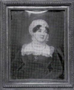 Portrait Of A Lady In Red Velvet Dress Trimmed With Lace, A Ruby Brooch Pinned To Her Dress by James Leakey