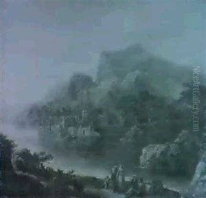 An Italianate Landscape With Figures Beside A Lake In The Foreground by James Leakey