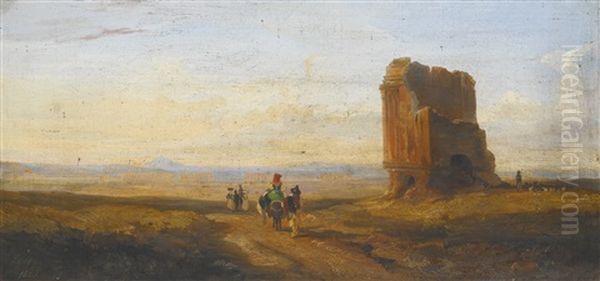 A View Of The Roman Campagna With Travellers Passing A Ruined Brick Tomb, An Aqueduct In The Distance - view 1