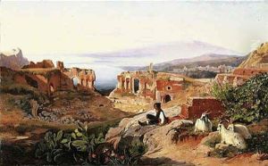 A View Of Taormina, Sicily, With Mt. Etna In The Distance