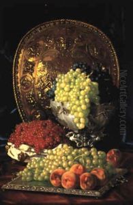 Ornate Table Top Still Life With Fruit And Silver by Edward Chalmers Leavitt