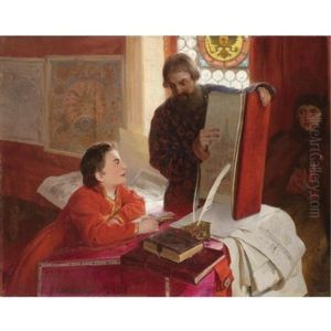 The Dyak Zotov Instructing The Tsarevich Petr Alexeevich In His Letters by Klavdiy Vasilievich Lebedev