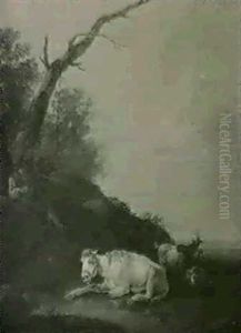 A Shepherd Boy With A Horse And Goats Resting In A Field