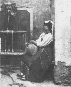 Water Carrier At A Fountain by Edmond Lebel