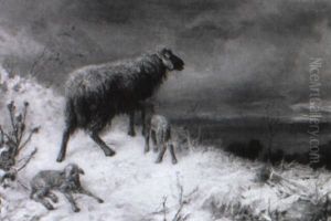 Schafe Am Verschneiten Wiesenhang by Max Ludwig Lebling