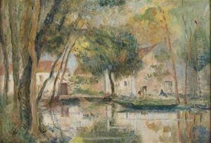 Landscape With River Reflecting The Houses by Albert Lebourg