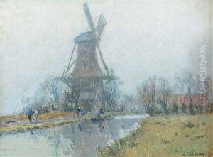 Personnages Pres Du Moulin, Brume Du Matin by Albert Lebourg