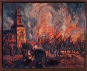 Vormarsch Russischer Truppen In Einer Brennenden Stadt by Georg Lebrecht