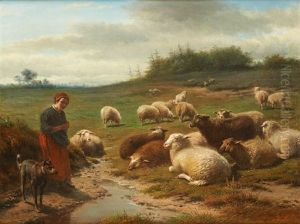 Bergere, Son Chien Et Son Troupeau De Moutons