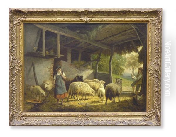 A Shepherdess And Her Flock Near A Barn - view 1