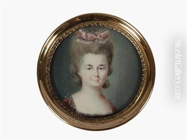 Portrait De Dame De Qualite En Robe De Soie Rose Et Coiffee D'une Haute Perruque Ornee De Rubans Et Dentelles - view 1