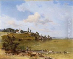 Blick Von Der Herrschinger Bucht Auf Schloss Muhlfeld by Carl August Lebschee
