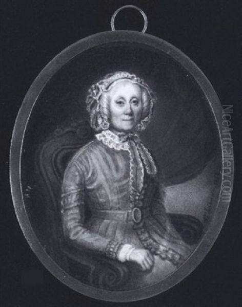 Mme. Ernest, Seated In A Blue Upholstered Chair, Wearing Beige Dress With White Lace Collar, And Mauve Lace Bonnet, Green Curtain Background - view 1