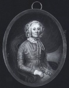 Mme. Ernest, Seated In A Blue Upholstered Chair, Wearing Beige Dress With White Lace Collar, And Mauve Lace Bonnet, Green Curtain Background by Ambroise Charlemagne Victor Lechenetier